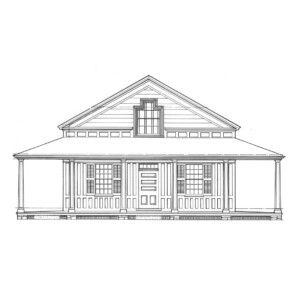 Line art of Freer house featuring different geometrically shaped windows, windows with shutters, wrap around covered porch, and door panel molds.