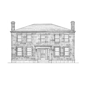 Line art of Wolcott House featuring tall windows, Steps to entrance, Pillars with mouldings, door casing with mouldings, door panel molds and chimney on roof