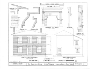 Blueprint of Hardwick House north front elevation, west side elevation, and bedroom fireplace featuring mantel mouldings.