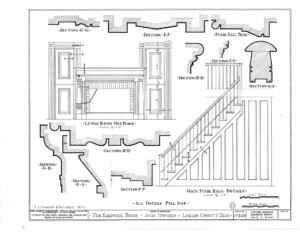 Blueprint of Hardwick House main stair hall and living room fireplace featuring mantel molds, balusters, newel post, and stair wall panel molds.