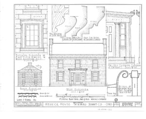 Blueprint of Herrick House west elevation and north elevation featuring column and cornice mouldings.