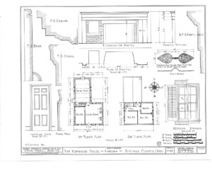 Blueprint of Hopwood House first floor plan, second floor plan, elevation of mantel, and elevation of common interior door.