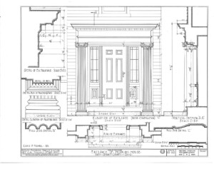 Hopkins House entrance elevation featuring doorway with window casing, panel molds, column detail, and cornice mouldings.