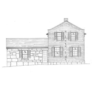 Line art of Hopwood House featuring brick wall, window casing with shutters, and door casing with window casing and panel molds.