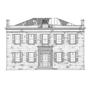 Line art of Hurst House showcasing all brick walls, steps to entrance, door casing with window casing and windows with shutters.