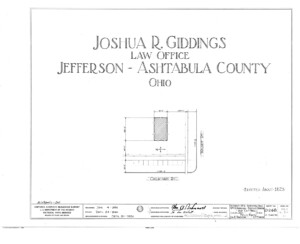 Blueprint cover page by the American Building Survey describing the Joshua R Giddings law office erection date, address, and architect information.