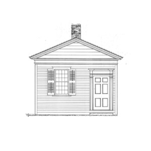 Line art of Joshua R Giddings Law Office featuring shingle siding, door mouldings with panel molds, and windows with shutters.