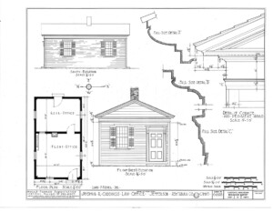 Blueprint of Joshua R Giddings law office front west elevation, south elevation, and floor plan.