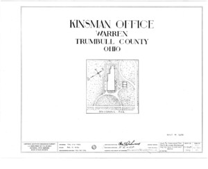 Blueprint cover page by the American Building Survey describing the Frederick Kinsman Office erection date, address, and architect information.