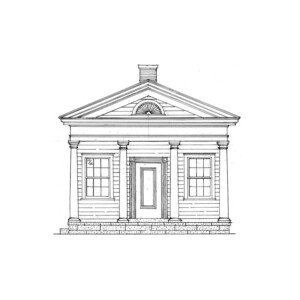 Line art of Frederick Kinsman Office featuring covered porch with columns, window mouldings, and doorway with panel molds.