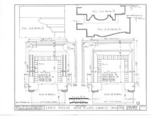 Blueprint of Lewis House fireplace mantel mouldings featuring cornice mouldings, mantel mouldings, and panel molds.