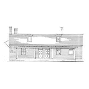 Line art of Matt Gray House featuring a covered porch, doors with panel molds, dormers on roof, three chimneys, and shingle siding.