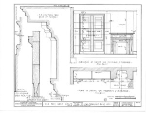 Blueprint of Matt Gray House elevation of kitchen fireplace featuring cornice mouldings.