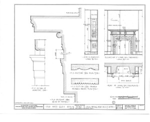 Blueprint of Matt Gray House elevation of dining room fireplace featuring cornice mouldings.