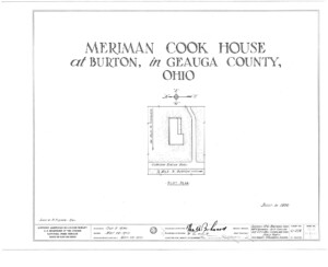 Blueprint cover page by the American Building Survey describing the Meriman Cook House erection date, address, and architect information.