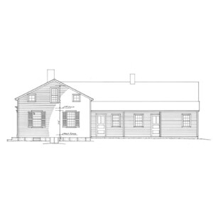 Line art of Meriman Cook House featuring shingle siding, windows with shutters, and door casing featuring panel molds.