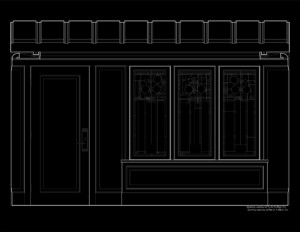 Line art of wall elevation featuring Prairie style door mouldings and window mouldings.