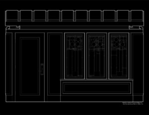 Line art of wall elevation featuring Prairie style door mouldings and window mouldings.