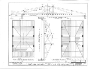 Blueprint of the Sandusky County Court House featuring plan of truss structure, plan of framing for ceiling and plan of roof framing