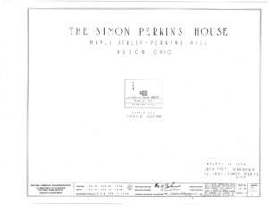 Blueprint cover page by Historic American Building Survey describing the Simon Perkins House architect information, address and approval date