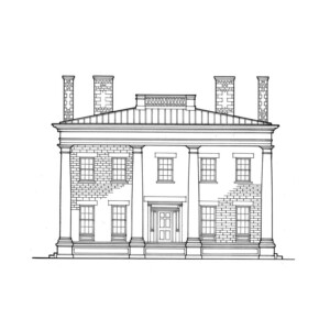 Line art of Simon Perkins House featuring large pillars with mouldings, door casing with mouldings, tall windows and chimneys on roof.