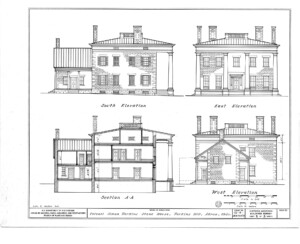 Blueprint of the Simon Perkins House featuring East, west, north and south elevation