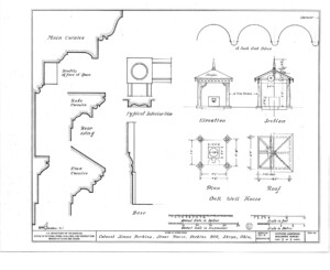 A couple of line art drawings and sketches of Simon Perkins House cornice, plan, section, elevation and exterior moulding profiles