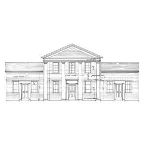 Line art of Sykes house featuring large pillars with mouldings, windows with shutters, door casing panel molds and column molds