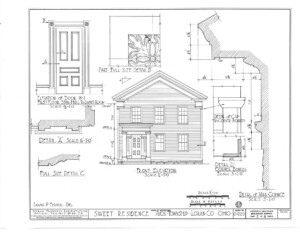 Line art of Sweet House front elevation and scale details