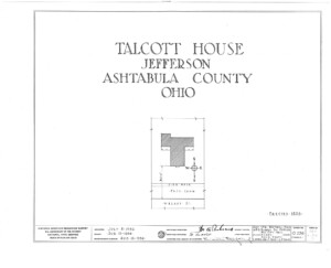 Blueprint cover page by the Historic American Building Survey describing the Talcott House erection date, address, and architect information.