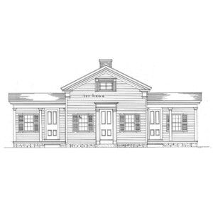 Line art of Talcott House featuring front door with column detail, panel molds, windows with shutters and chimney on roof