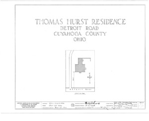 Blueprint cover page by the American Building Survey describing the Thomas Hurst House erection date, address, and architect information