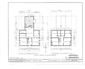 Blueprint of Thomas Hurst House first floor, second floor, plan details and scale