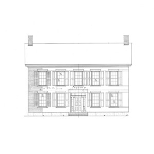 Line art of Thomas Hurst House featuring windows with shutters, Steps to entrance, door panel molds and chimney on roof