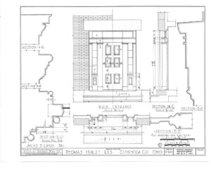 Line art of Thomas Hurst House main door entrance featuring door mouldings and door casing panel molds