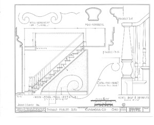 Line art of Thomas Hurst House staircase rail mouldings and newel post molds