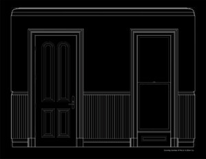 Line art of wall elevation featuring victorian style door mouldings, and window mouldings.