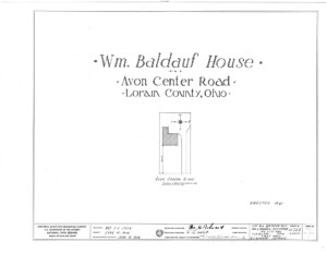 Blueprint cover page by the American Building Survey describing the WM Baldauf House erection date, address, and architect information