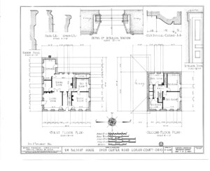 Blueprint of WM Baldauf House detail of interior window, first floor plan, and second floor plan