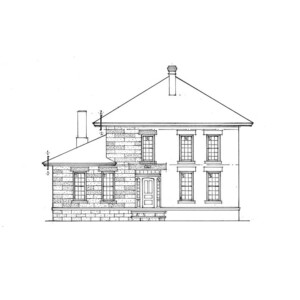 Line art of WM Baldauf House featuring windows with shutters, Steps to entrance, door panel molds and chimney on roof