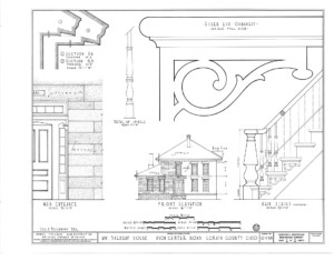 Blueprint of WM Baldauf House front elevation, entrance and stairs mouldings details