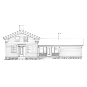 Line art of Wilson Riegelsberger House featuring door casing with molds, windows with shutters, Steps to entrance, door panel molds and chimney on roof