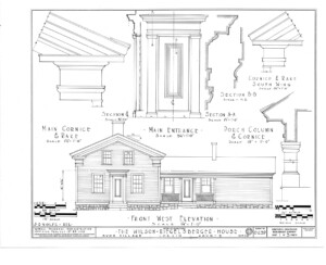 Blueprint of Wilson Riegelsberger House front west elevation, main entrance sketch and main cornice moulding details