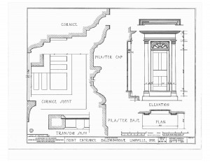 Baldwin house door elevation features a cornice, cornice soffit, pilaster cap, transom sash, pilaster base, along with other moulding profiles.