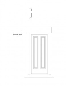 Line art of Bronson house door with panel molds, and door mouldings.