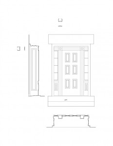 Line art of Bronson house door featuring door casing, panel molds, and window casing.