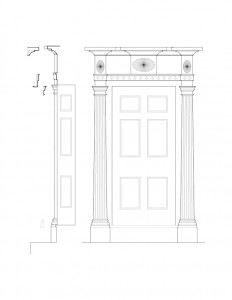 Line art of Chester Moffett House door featuring columns, panel molds, beautiful designs on top of door, and cornice mouldings.