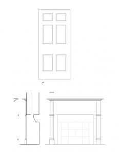 Line art of Chester Moffett House door featuring panel molds, and fireplace mantel featuring mantel mouldings.