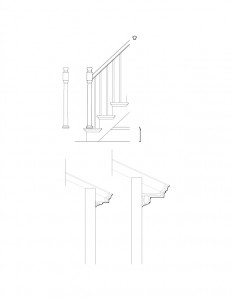 Line art of Chester Moffett House staircase featuring newel post, balusters, railing, and separate cornice mouldings.