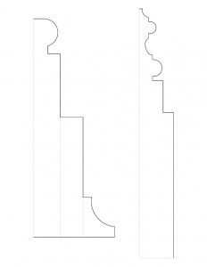 Line art of Columbian House mixture of fireplace mantel moulding profiles and window moulding profiles.